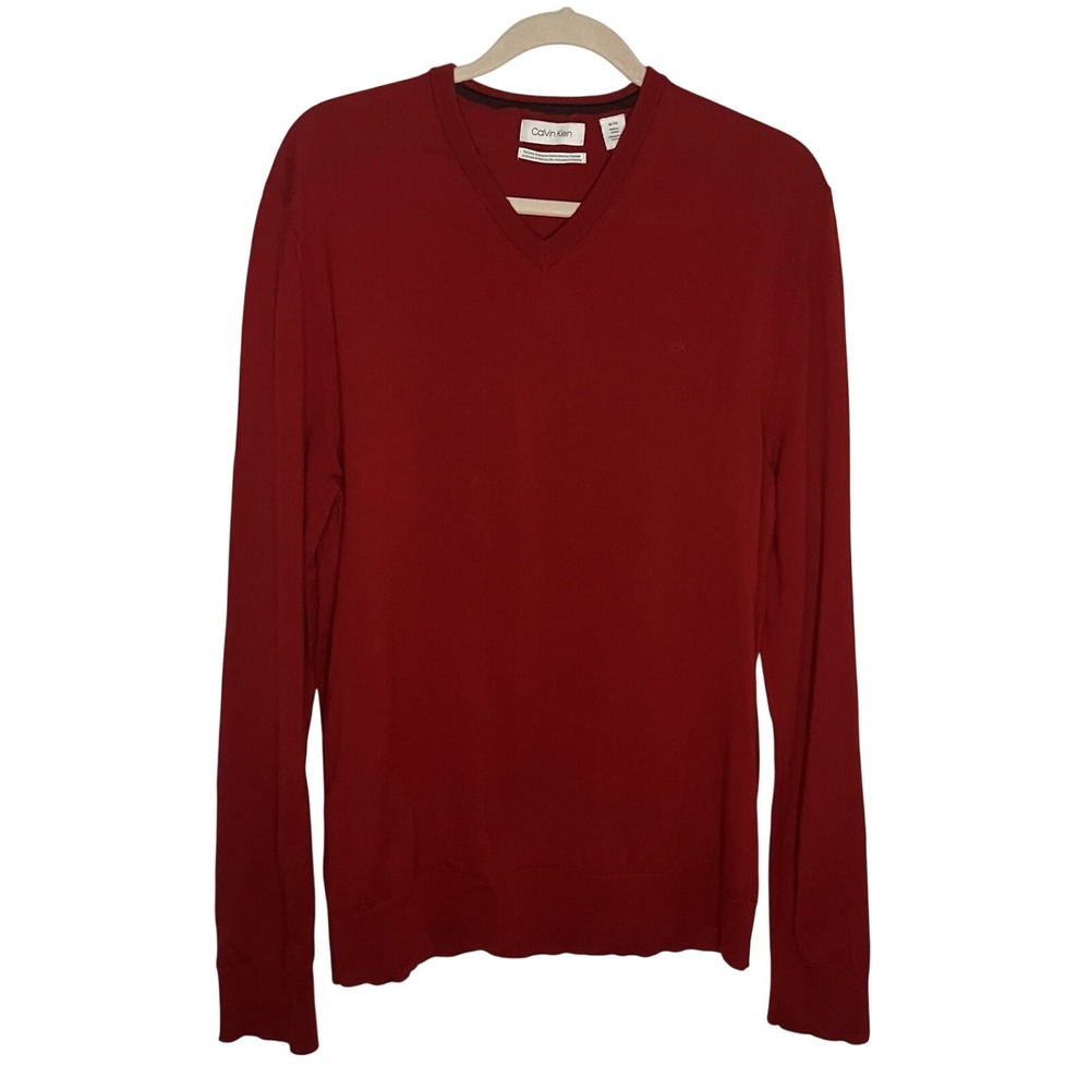Calvin Klein Extra Fine Merino Sweater Mens XL Red Knit Holiday V-neck Academia